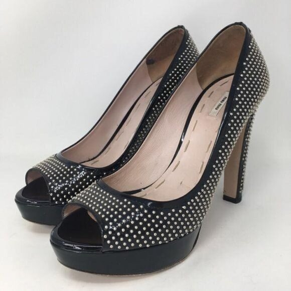Miu Miu PRADA Shoes Heels Pumps Black Patent Studs Peep Toe Italy 39 - Picture 11 of 14